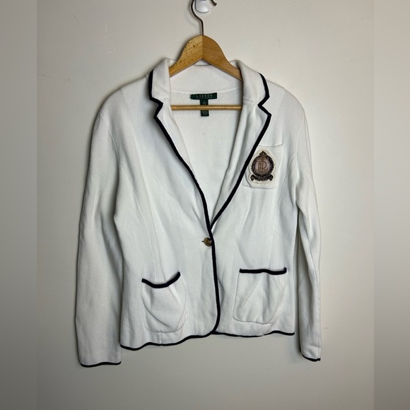 Vintage Ralph Lauren L Women Blazer Black Trim Academy Collegiate Timeless Logo - Picture 2 of 15